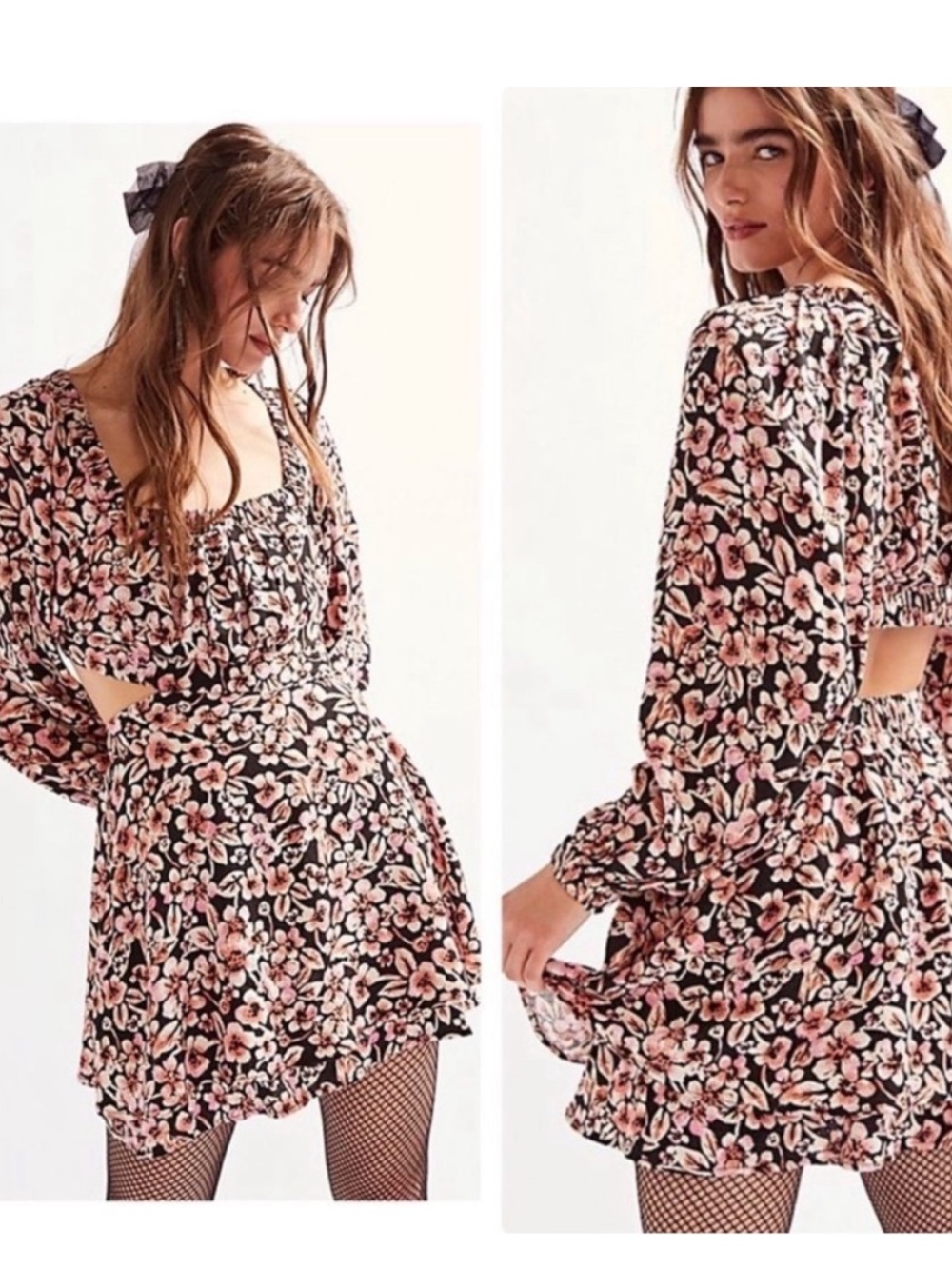 Free People Black Mini Dress with Pink Floral Print